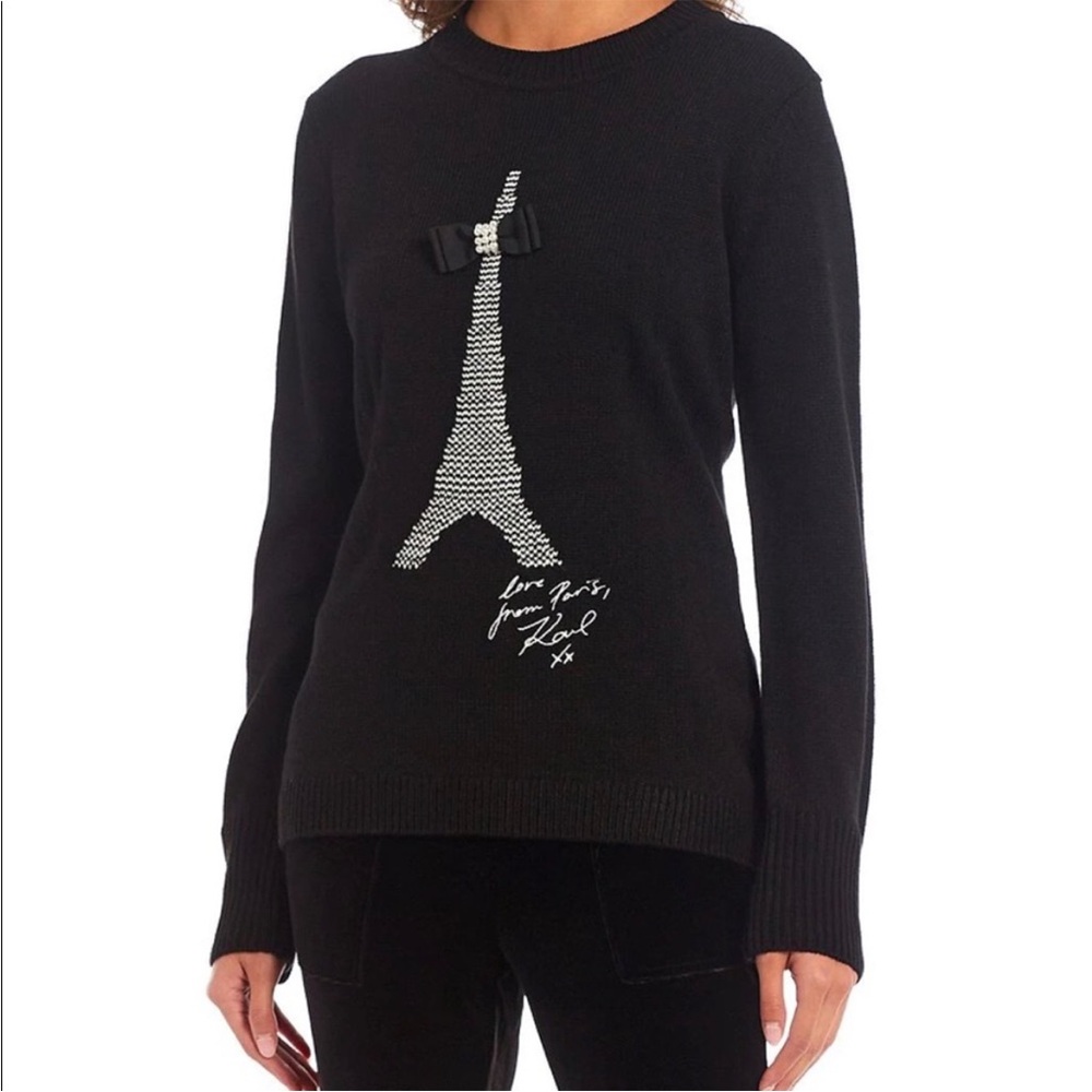 Karl Lagerfeld Black Crystal Studded Eiffel Tower Sweatshirt Silver Logo M - Picture 2 of 9